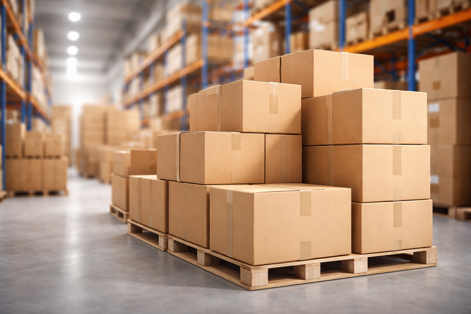 Clean warehouse packed with premium corrugated shipping boxes ready for fulfillment